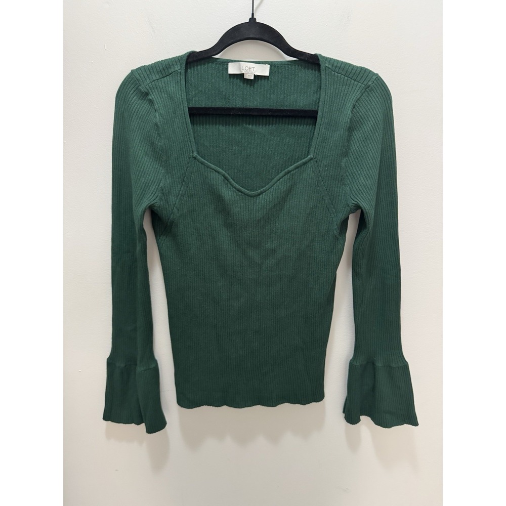 Loft Ribbed Green Bell Sleeve Sweater Size‎ Large
